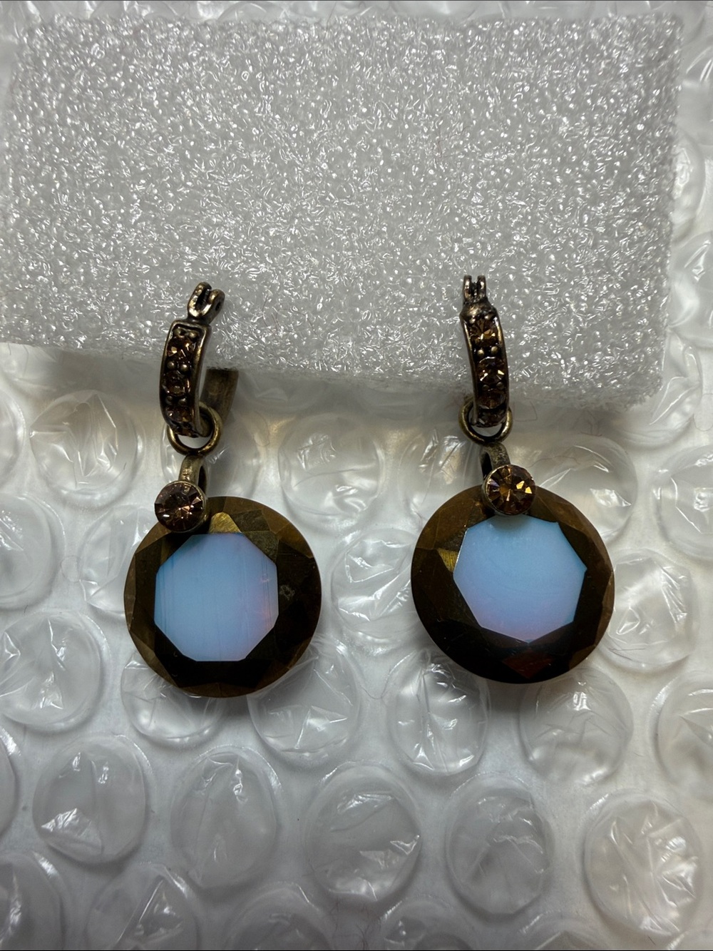 Vintage faceted Bronze Earrings w Opal Blue glass &copper rhinestones like new
